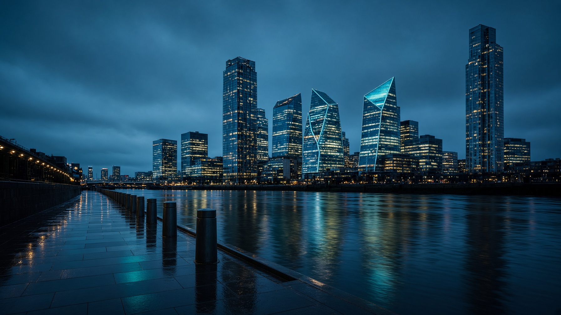 The Thames at blue hour, contemporary London glass reflecting on the water.